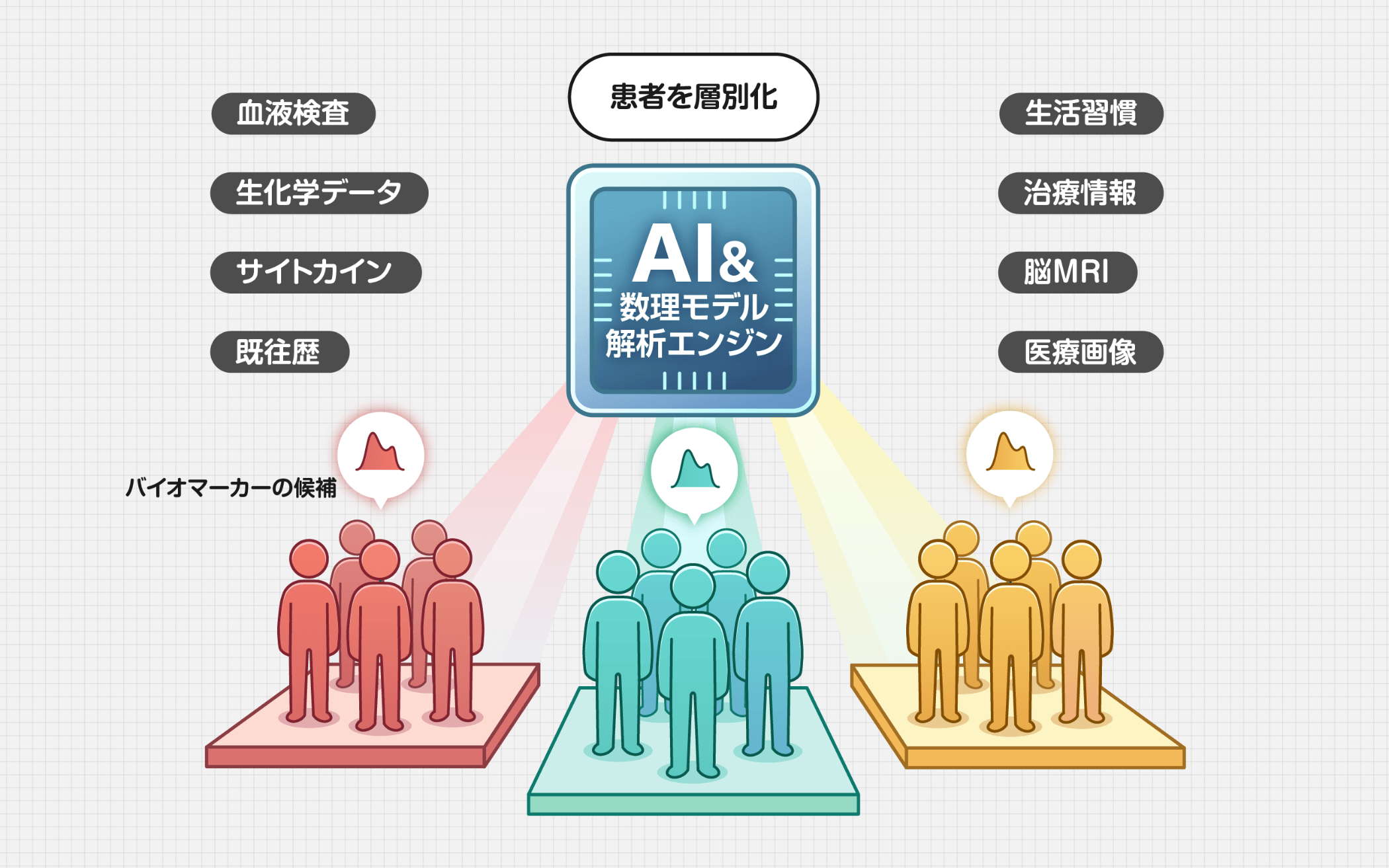 患者を層別化、AI＆数理モデル解析エンジン、血液検査、生化学データ、サイトカイン、既往歴、生活習慣、治療情報、脳MRI、医療画像、バイオマーカーの候補