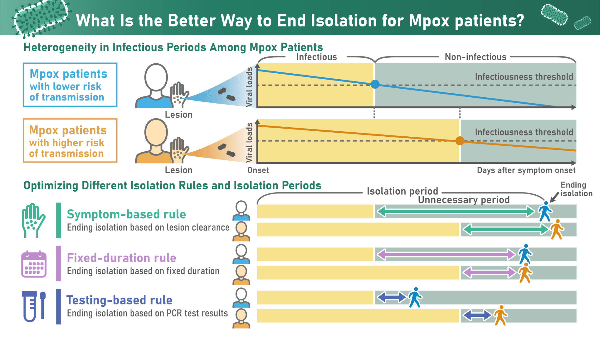 How should isolation for mpox patients be safely ended? Because transmission risk varies across individuals, infectious periods also differ. Isolation strategies based on repeated PCR testing—ending isolation after a predefined number of negative results—may shorten unnecessary isolation compared with symptom-based or fixed-duration approaches.