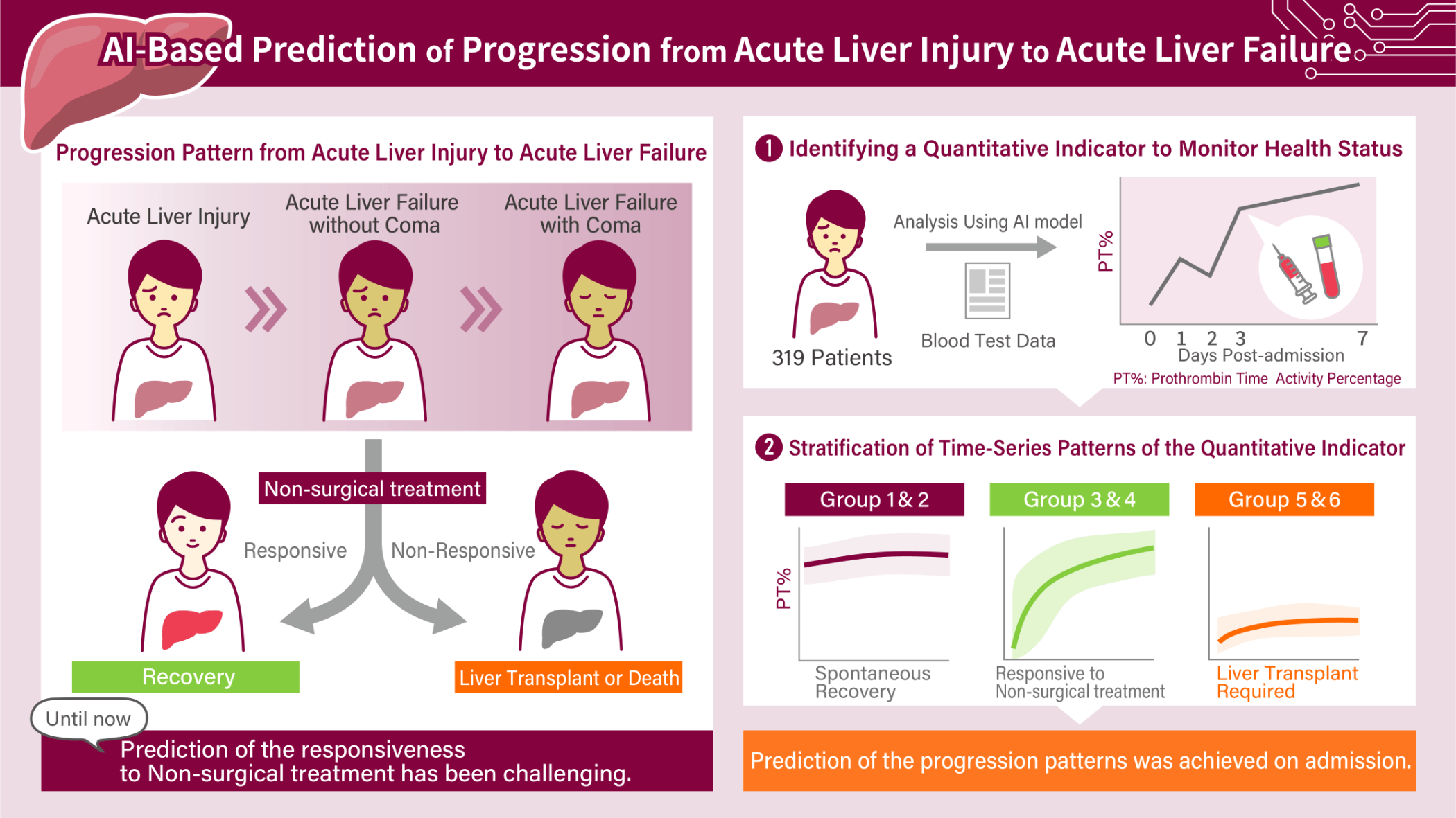 Predicting responsiveness to medical treatment for acute liver injury and acute liver failure has traditionally been difficult. However, by identifying quantitative indicators that monitor patient condition and classifying their time-series patterns, it has become possible to predict progression to acute liver failure at the initial clinical visit.