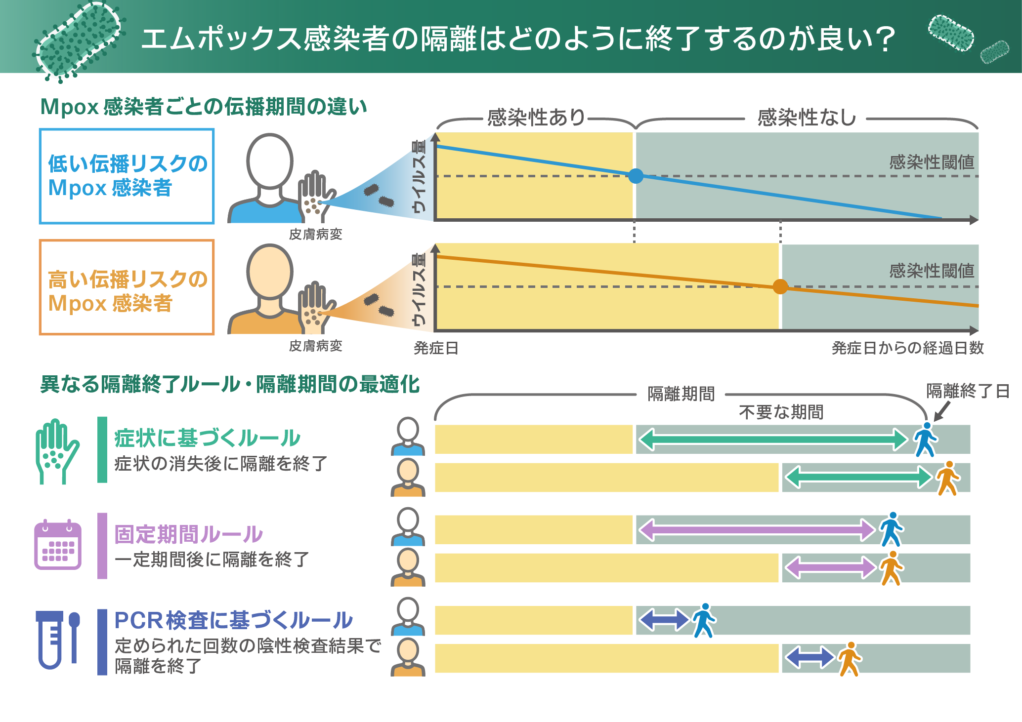 エムポックス感染者の隔離はどのように終了するのがいい? 感染者ごとに異なる伝播リスクを持つため伝播期間が異なる。PCR検査に基づくルールで決められた回数の陰性結果で隔離を終了することで、症状に基づくルールや固定期間ルールと比較して隔離を早期に終了することができる。